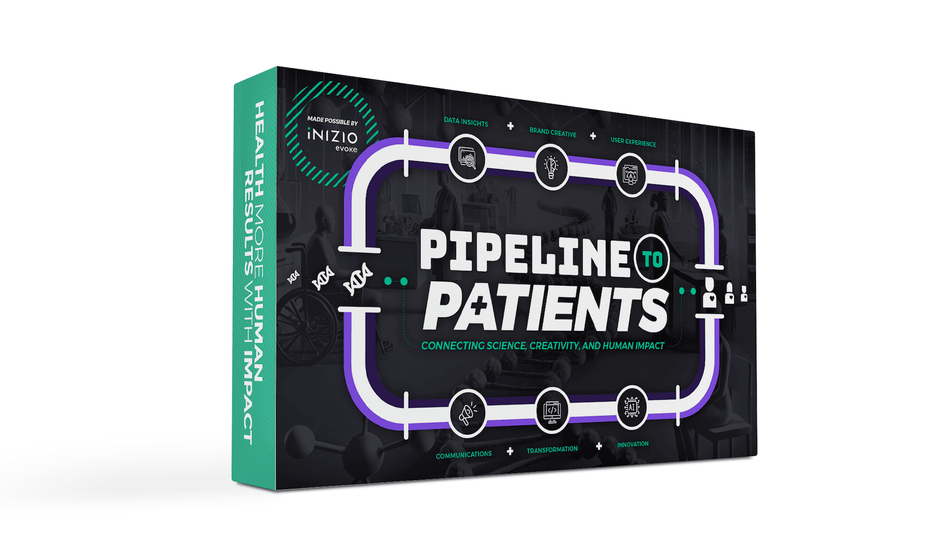 3D-rendered graphic featuring a dark rectangular box with a stylized purple and white pipeline illustration labeled “Pipeline to Patients.” Surrounding icons represent key capabilities: data insights, brand creative, user experience, communications, transformation, and innovation. Tagline reads: “Connecting science, creativity, and human impact.” The left side panel states: “Health more human results with impact.” The box is branded with the Inizio Evoke logo. 3D-rendered graphic featuring a dark rectangular box with a stylized purple and white pipeline illustration labeled “Pipeline to Patients.” Surrounding icons represent key capabilities: data insights, brand creative, user experience, communications, transformation, and innovation. Tagline reads: “Connecting science, creativity, and human impact.” The left side panel states: “Health more human results with impact.” The box is branded with the Inizio Evoke logo.