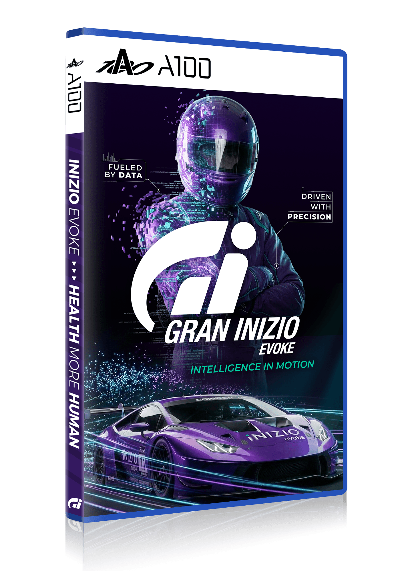 A stylized video game–inspired cover mockup featuring Inizio Evoke branding. The cover shows a futuristic race car driver in a purple digital racing suit and helmet, with pixelated data effects flowing across the figure. Text callouts read “Fueled by Data” and “Driven with Precision.” In the foreground, a purple high-performance race car branded with “Inizio Evoke” speeds along glowing neon tracks. A large white “GI” logo and the title “Gran Inizio Evoke” appear prominently, with the tagline “Intelligence in Motion” in teal. The design uses a dark background with purple, blue, and neon accents, evoking themes of speed, technology, data, and precision. The mockup is presented as a video game case, with “A100” branding at the top and “Inizio Evoke – Health More Human” displayed along the spine. A stylized video game–inspired cover mockup featuring Inizio Evoke branding. The cover shows a futuristic race car driver in a purple digital racing suit and helmet, with pixelated data effects flowing across the figure. Text callouts read “Fueled by Data” and “Driven with Precision.” In the foreground, a purple high-performance race car branded with “Inizio Evoke” speeds along glowing neon tracks. A large white “GI” logo and the title “Gran Inizio Evoke” appear prominently, with the tagline “Intelligence in Motion” in teal. The design uses a dark background with purple, blue, and neon accents, evoking themes of speed, technology, data, and precision. The mockup is presented as a video game case, with “A100” branding at the top and “Inizio Evoke – Health More Human” displayed along the spine.